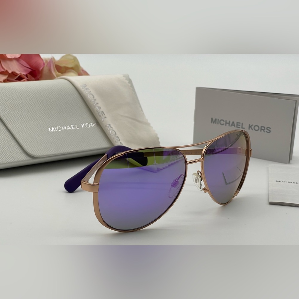 Michael Kors Rose Gold Purple Mirror Aviator Sunglasses - Picture 10 of 14